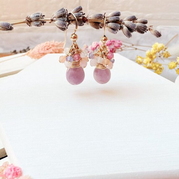New Lepidolite and Mini Gemstone Cluster Earrings | Handmade in BC - Picture 1 of 5